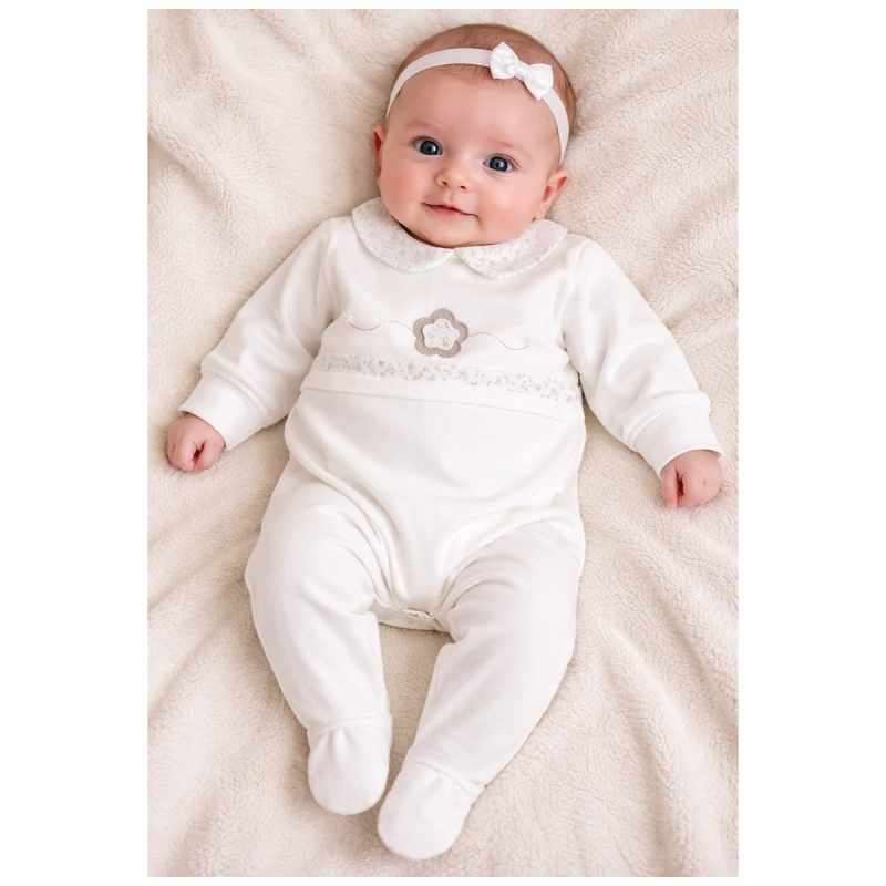 Baby Girl Cotton Jersey Sleepsuit with Floral Embroidery – Birillini