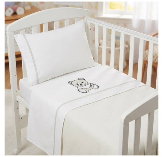 Completo lenzuola lettino per sbarre con federa bordata e lenzuolo ricamato