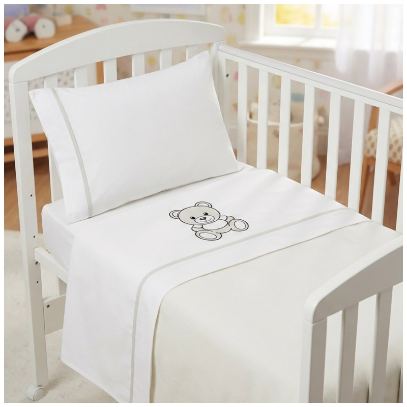 Cot bed sheet set Dolci Sogni with teddy bear embroidery in white cotton