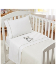 Cot bed sheet set Dolci Sogni with teddy bear embroidery in white cotton
