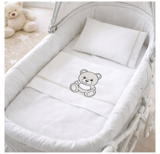 Cradle and pram sheet set Dolci Sogni with teddy bear embroidery