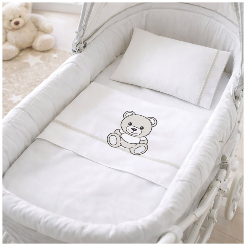 Cradle and pram sheet set Dolci Sogni with teddy bear embroidery