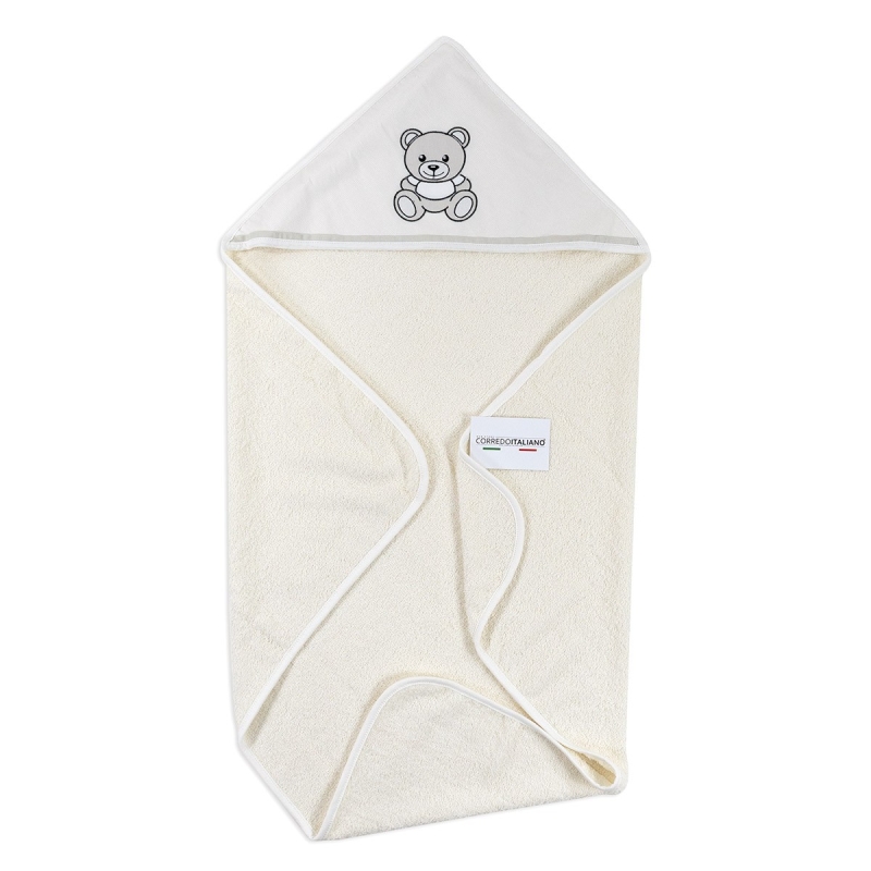 Baby hooded towel with teddy bear embroidery in soft cotton terry