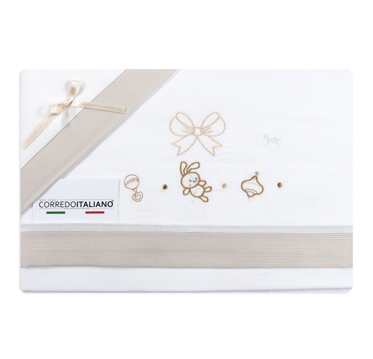 Set lenzuola culletta e carrozzina con ricamo coniglietto in cotone