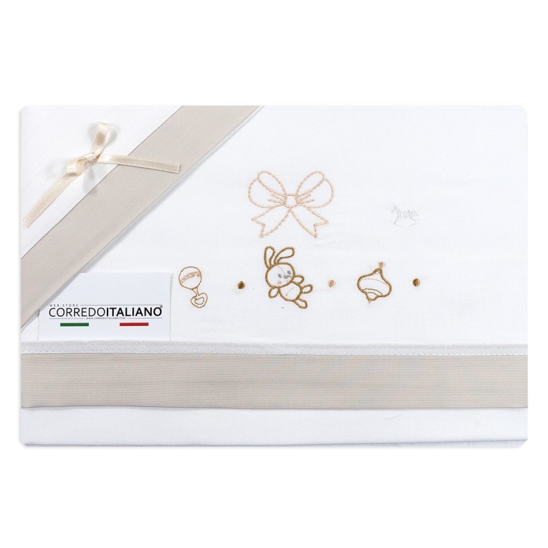 Set lenzuola culletta e carrozzina con ricamo coniglietto in cotone