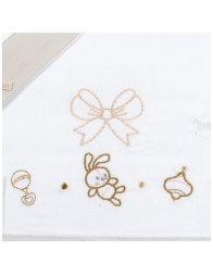 Embroidered detail of cradle and pram sheet set with bunny