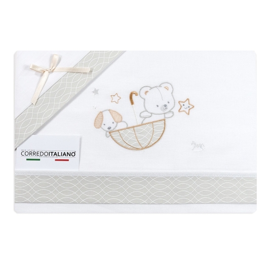 Set lenzuola culletta e carrozzina Mio Piccolo con ricamo orsetto e cagnolino