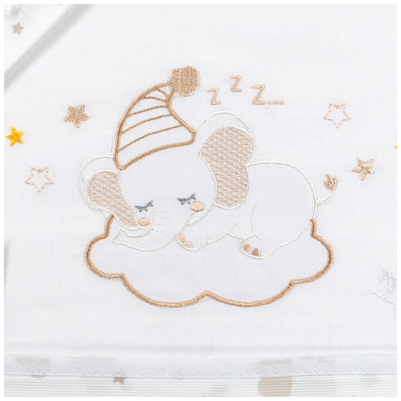Detail of cradle and stroller sheet set Elephant with cloud embroidery