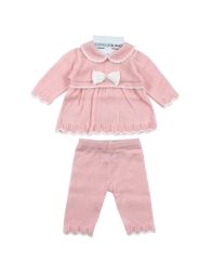 Set corredino prima uscita neonata in filo tricot con fiocchi decorativi