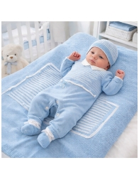 Knitted newborn first outing layette set with onesie and blanket