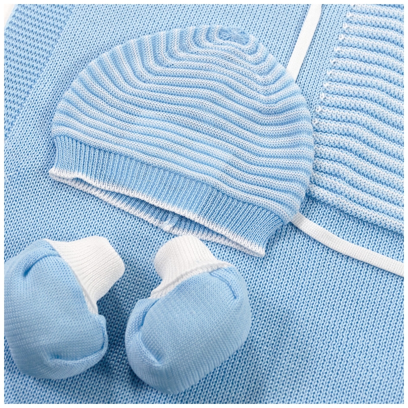 Detail of knitted newborn first outing layette set with teddy embroidery