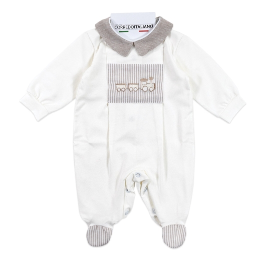 Baby sleepsuit with embroidered train in cotton jersey Birillini