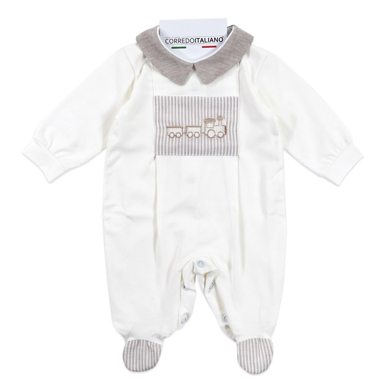 Tutina neonato con trenino ricamato in cotone jersey Birillini