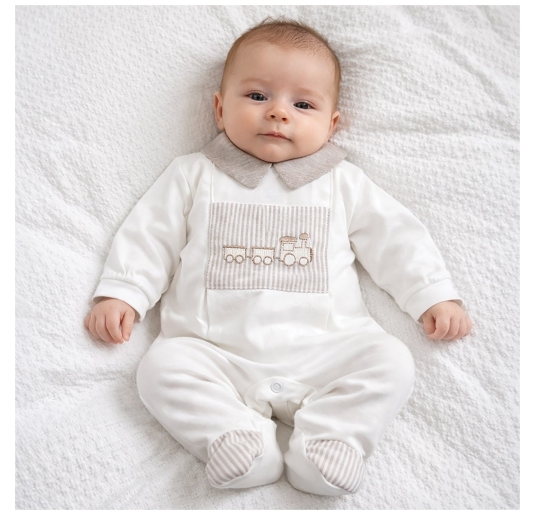 Baby sleepsuit with embroidered train in cotton jersey Birillini 2