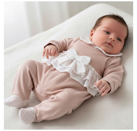Klaiadi baby girl cotton jersey sleepsuit in blush pink with central bow 2