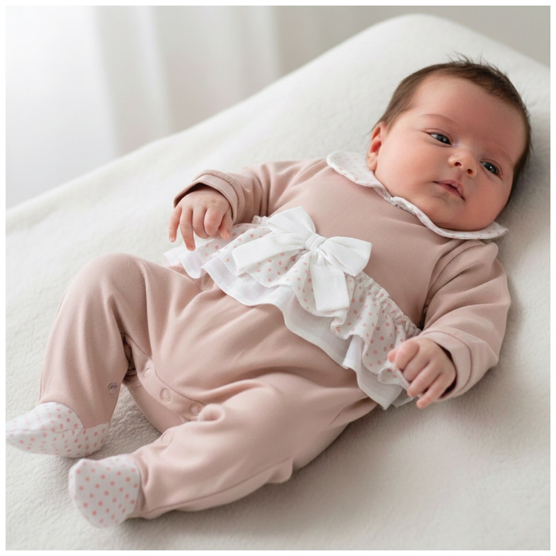 Tutina neonata cotone jersey Klaiadi con colletto a pois e balza decorativa