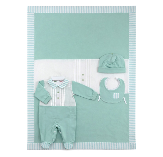 Newborn first outing layette set in cotton and linen sage green