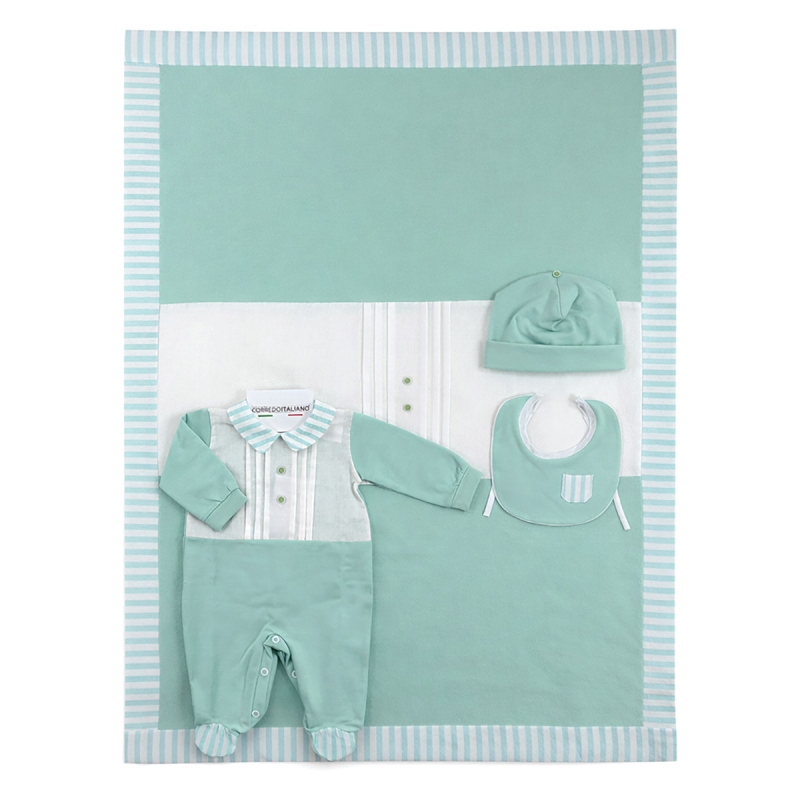 Set corredino prima uscita neonato in cotone e lino verde salvia completo