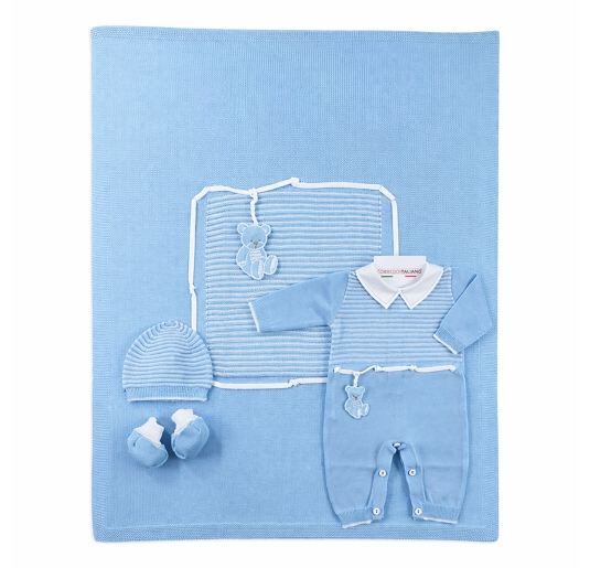 Set corredino prima uscita neonato in filo tricot Prime Emozioni completo azzurro