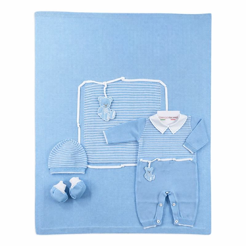 Set corredino prima uscita neonato in filo tricot Prime Emozioni completo azzurro