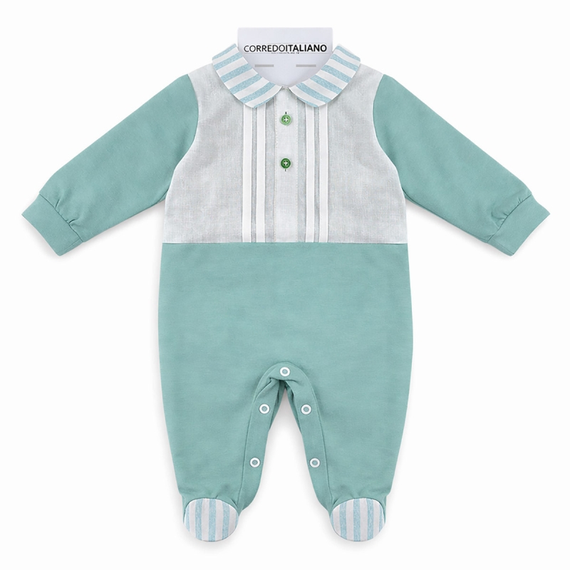 Newborn cotton and linen romper sage green with feet