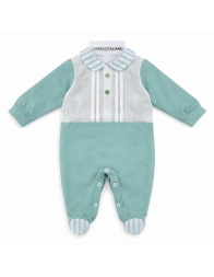 Tutina neonato in cotone e lino verde salvia con piedini