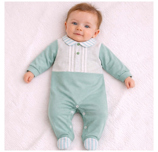 Newborn cotton and linen romper sage green with feet 2