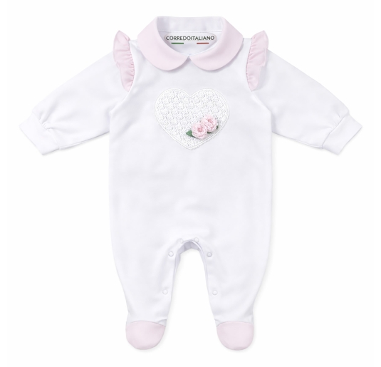 Baby girl cotton sleepsuit in white with pink collar and embroidered heart
