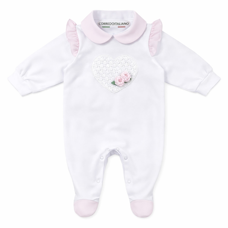 Tutina neonata in cotone bianca con colletto rosa e cuore ricamato