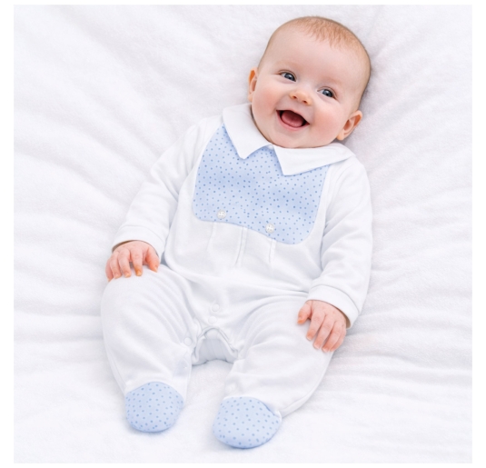 Cotton newborn sleepsuit with collar and light blue details 2