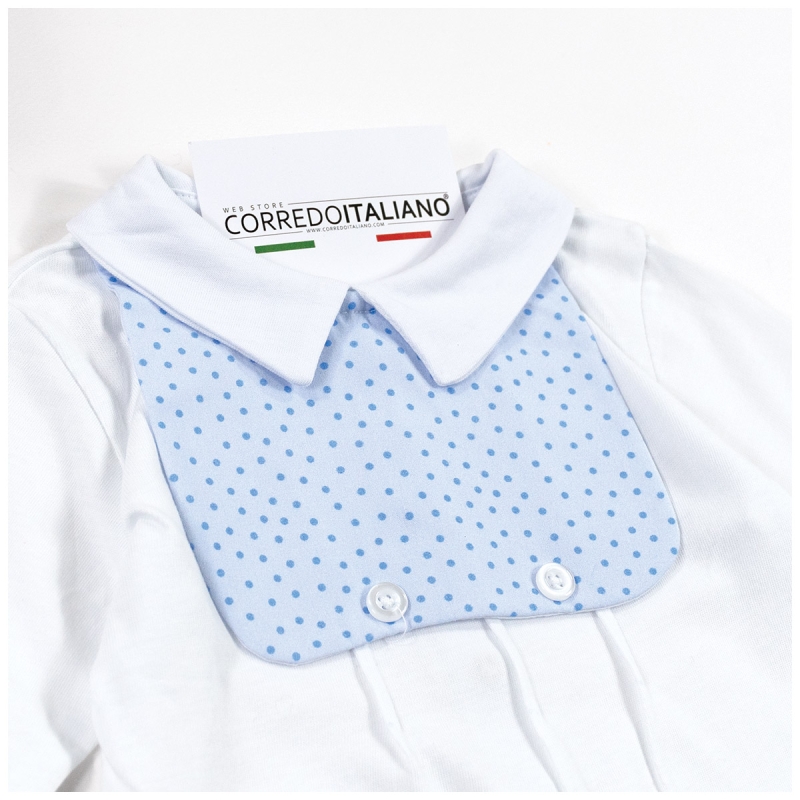 Cotton newborn sleepsuit white with blue polka dot panel