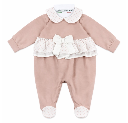 Tutina neonata cotone jersey Klaiadi rosa cipria con fiocco centrale