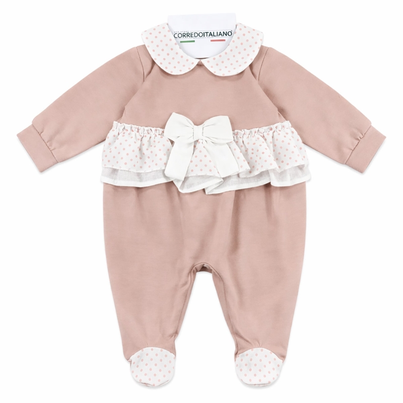 Klaiadi baby girl cotton jersey sleepsuit in blush pink with central bow