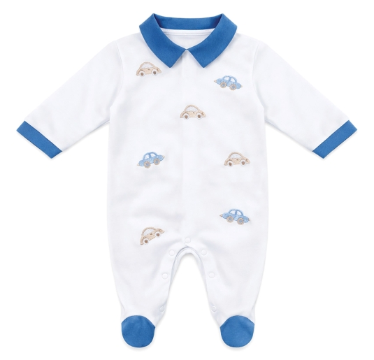 Cotton baby onesie white with blue car embroidery
