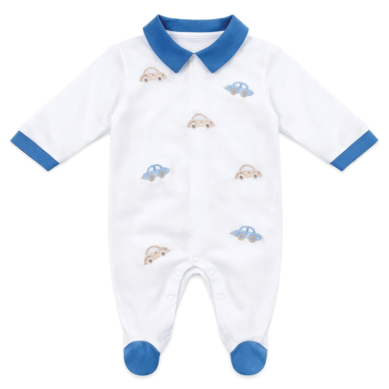 Cotton baby onesie white with blue car embroidery