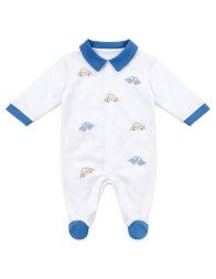 Cotton baby onesie white with blue car embroidery