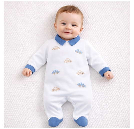 Cotton baby onesie white with blue car embroidery 2