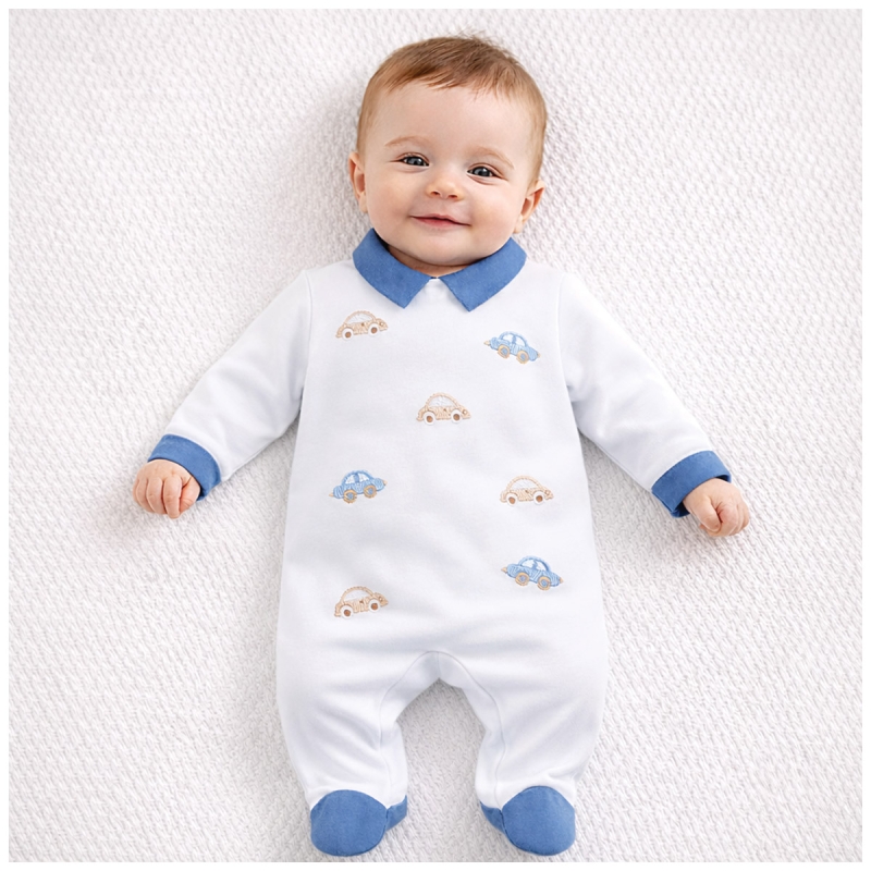 Cotton baby onesie with feet and car embroidery