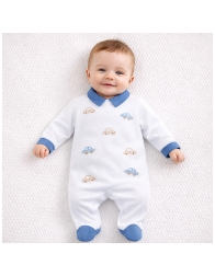 Cotton baby onesie with feet and car embroidery