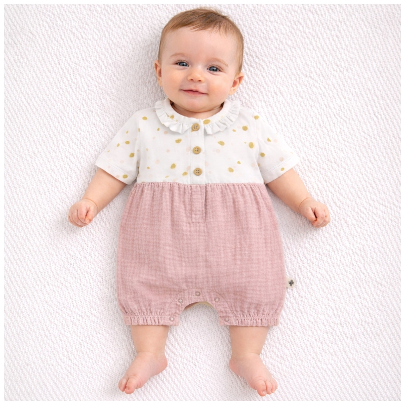 Organic cotton baby girl romper with pleated collar
