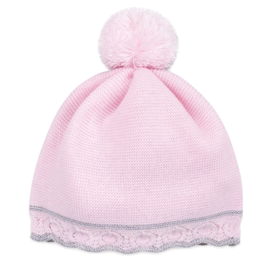 Merino wool baby girl hat with pink pom pom Stella
