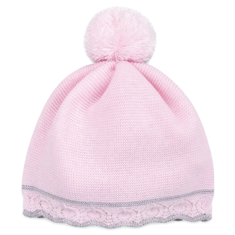 Merino wool baby girl hat with pink pom pom Stella