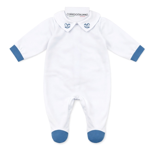 Cotton jersey baby sleepsuit with embroidered collar elegant white