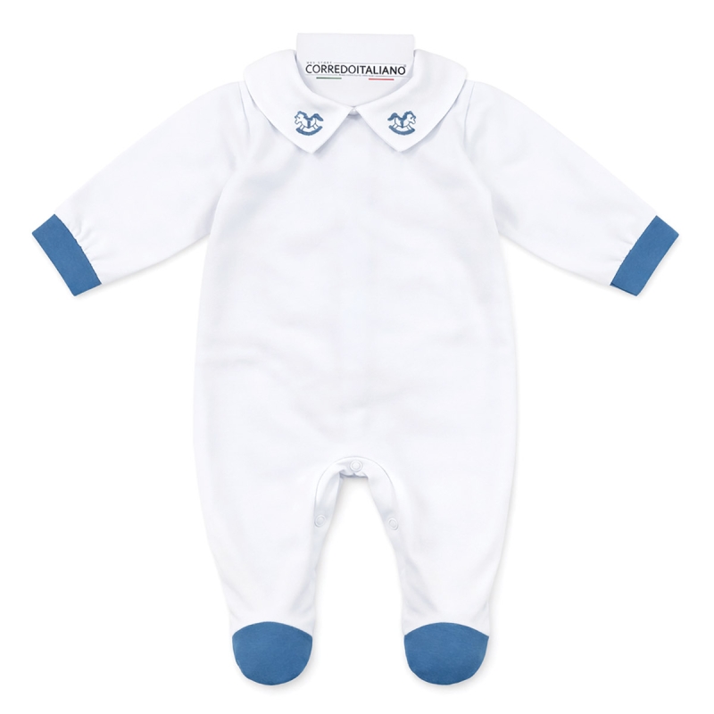 Cotton jersey baby sleepsuit with embroidered collar elegant white
