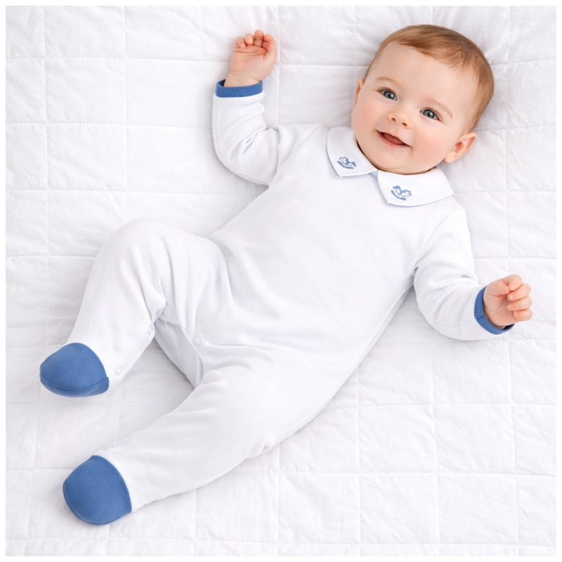 Cotton jersey baby sleepsuit with feet and embroidered collar