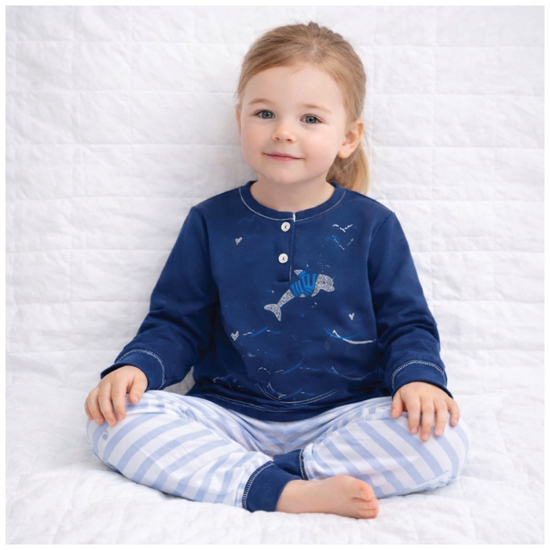 Girls cotton pajamas with blue dolphin and striped trousers