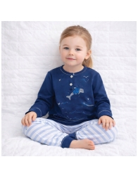 Girls cotton pajamas with blue dolphin and striped trousers