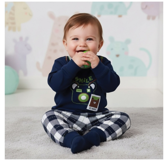 Warm cotton baby pyjamas Primero winter set blue top checked trousers