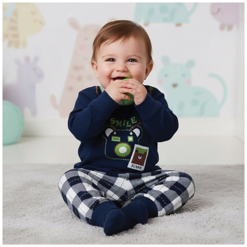 Warm cotton baby pyjamas Primero winter set blue top checked trousers