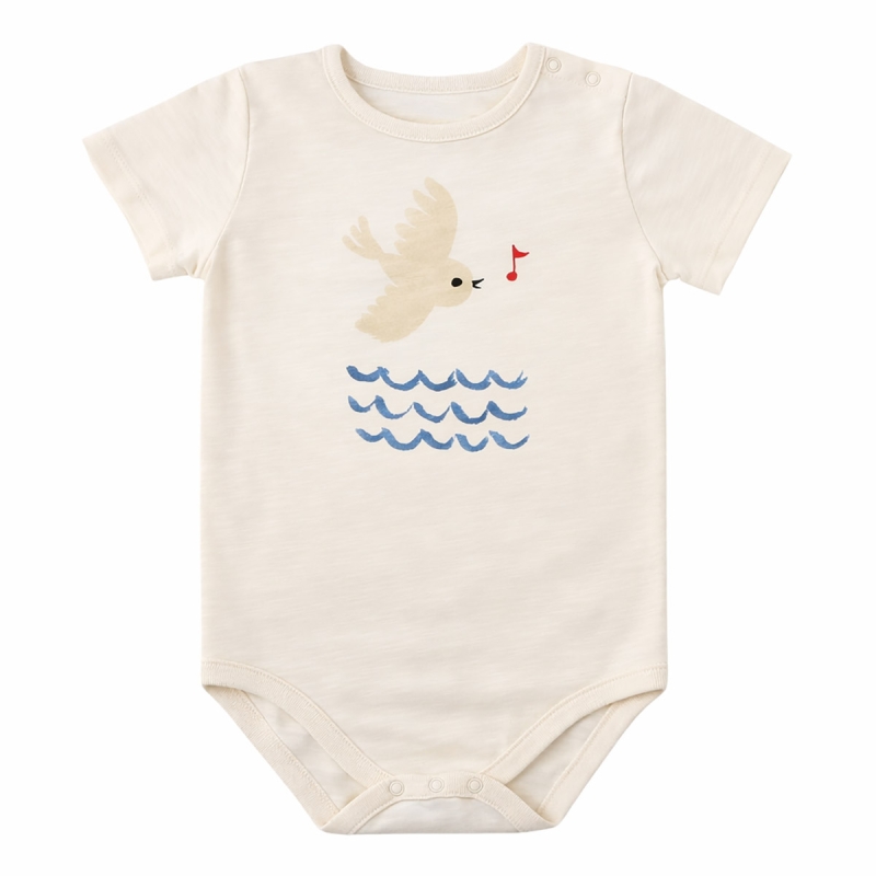 Cotton baby bodysuit Dirkje latte color with bird print front